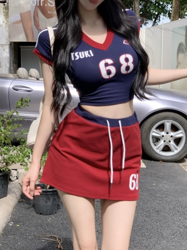 Real shot!  Sweet cool hottie American printed short-sleeved T-shirt top casual skirt two-piece sports suit