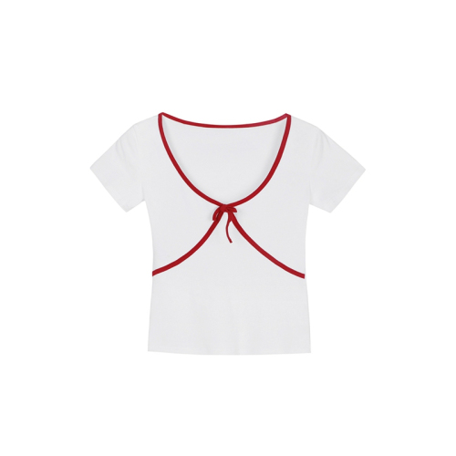 Contrast color V-neck short-sleeved T-shirt and three-dimensional bow slim-fitting top