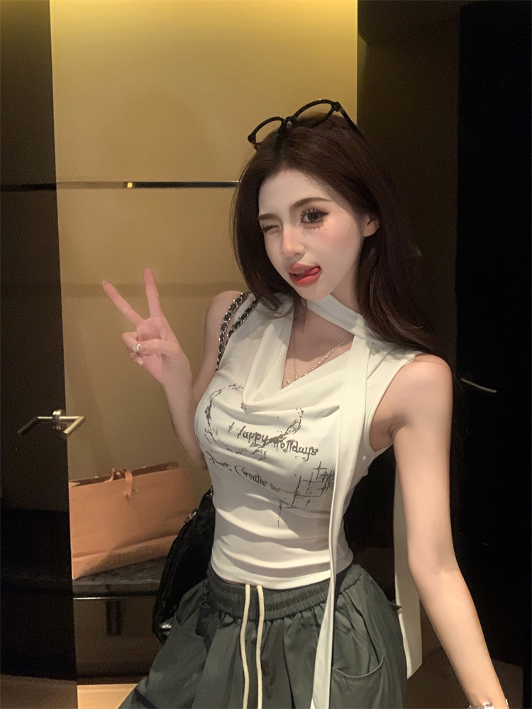 White printed swing collar sleeveless vest T-shirt for women summer slim fit ribbon hot girl design slim short top