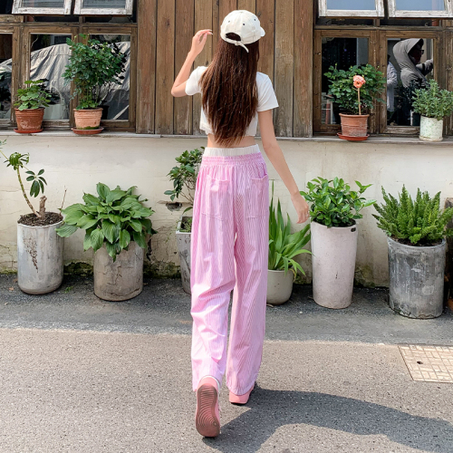 Actual shot of new summer fake two-piece pink striped pants for women, lazy style casual wide-leg trousers