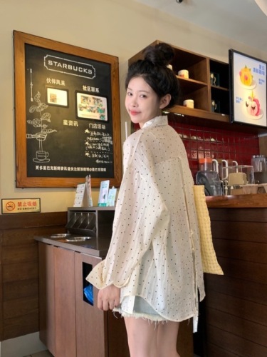 Actual shot~Korean summer loose casual polka dot back tie thin long-sleeved sun protection shirt~