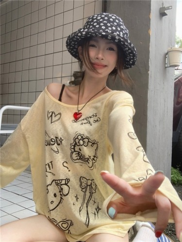 Real shot of spoof cartoon print thin long-sleeved T-shirt women's loose sun protection blouse top