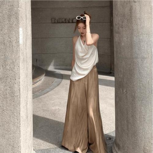 ET FOR YOU temperament high-end pleated design halter top women's fashionable casual high-draping wide-leg pants