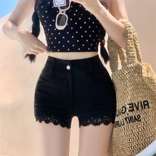 Real shot of black tight casual super shorts for women in summer, slim and versatile straight pants, A-line hot pants