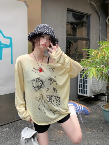 Real shot of spoof cartoon print thin long-sleeved T-shirt women's loose sun protection blouse top