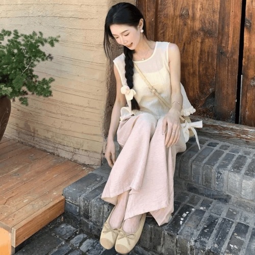 Korean-style fungus-edged sleeveless shirt for women, casual loose, slightly see-through vest, high-waisted casual wide-leg pants suit