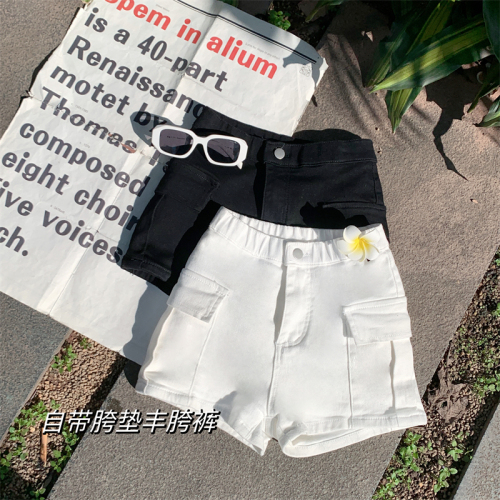 Real shot of plump crotch double pockets slim fit elastic high waist shorts milk white casual short overalls hot pants