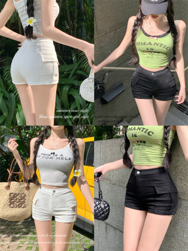 Real shot of plump crotch double pockets slim fit elastic high waist shorts milk white casual short overalls hot pants