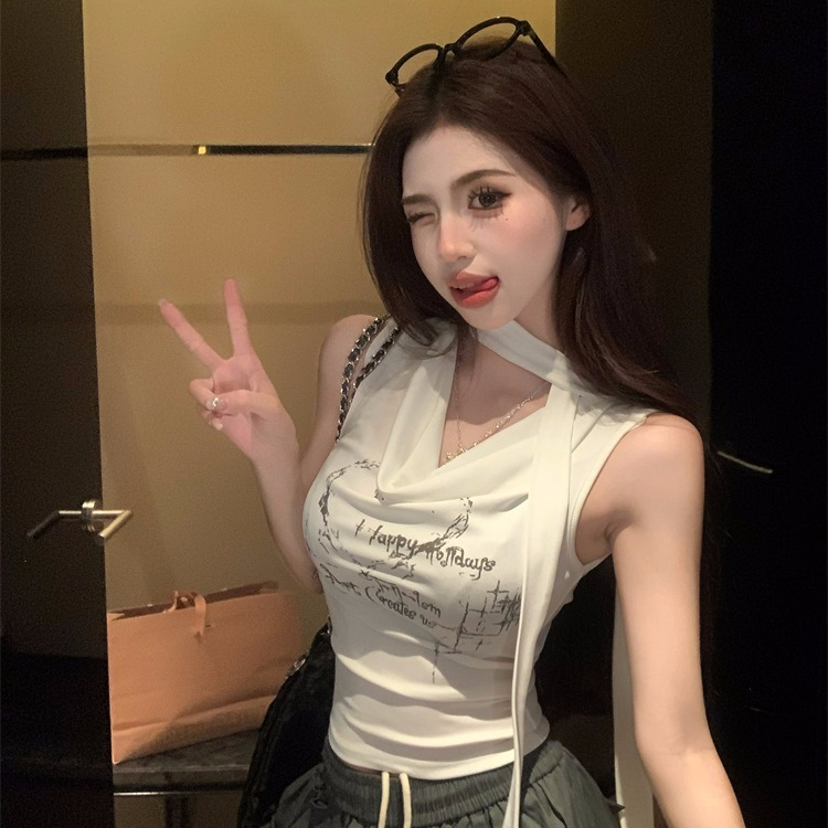 Hot Girl Swing Collar One Shoulder Vest T-shirt Summer Print American Design Ribbon Top Women's Trendy Ins