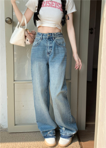 Real shot!  Retro straight-leg jeans for women, new high-waisted, loose, slimming, floor-length wide-leg pants