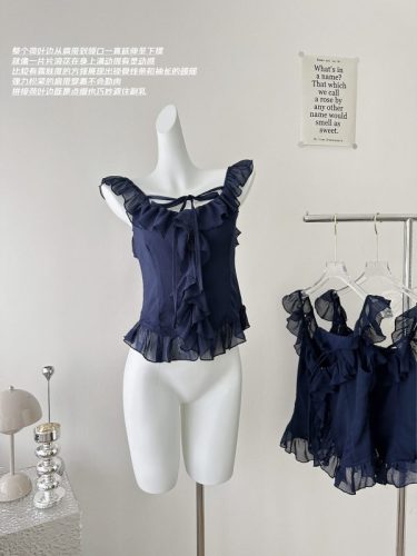 Good Morning Fanfan Sweet Summer Oxygen Girly Ruffle Top Summer Design Temperament Square Neck Suspender Top