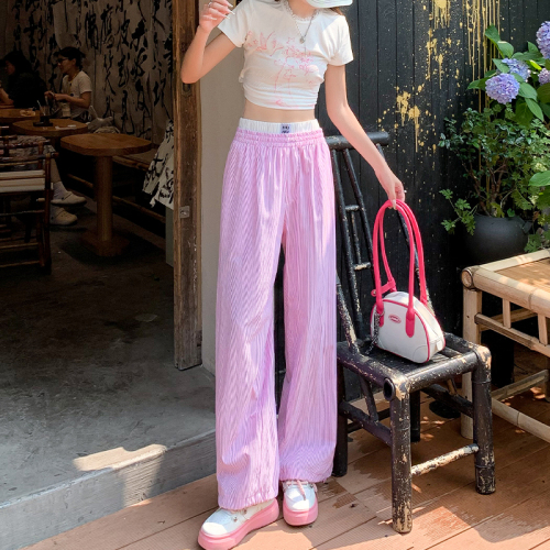 Actual shot of new summer fake two-piece pink striped pants for women, lazy style casual wide-leg trousers