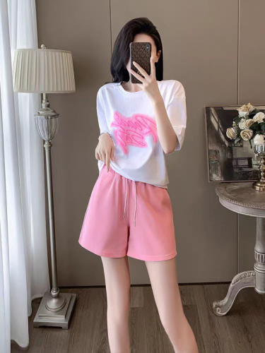 Back collar imitation cotton milk silk 2024 sports suit T-shirt shorts suit women's summer short-sleeved two-piece set