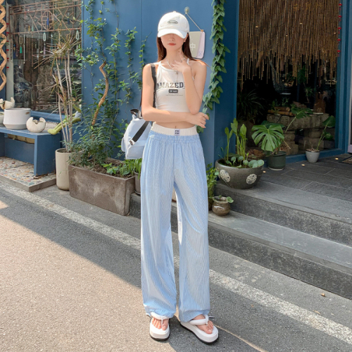 Actual shot of new summer fake two-piece pink striped pants for women, lazy style casual wide-leg trousers