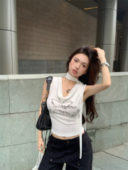 Hot girl swung collar one-shoulder vest T-shirt women's summer new American print design ribbon top has been shipped