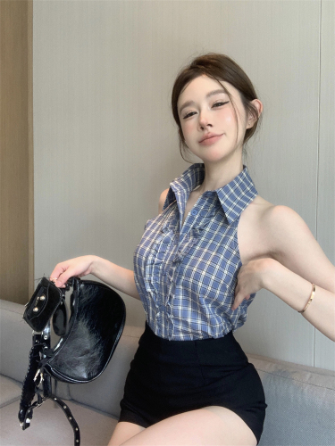 Actual shot ~ Plaid shoulder sleeveless vest for women summer outer wear 2024 new style commuting slim and versatile top