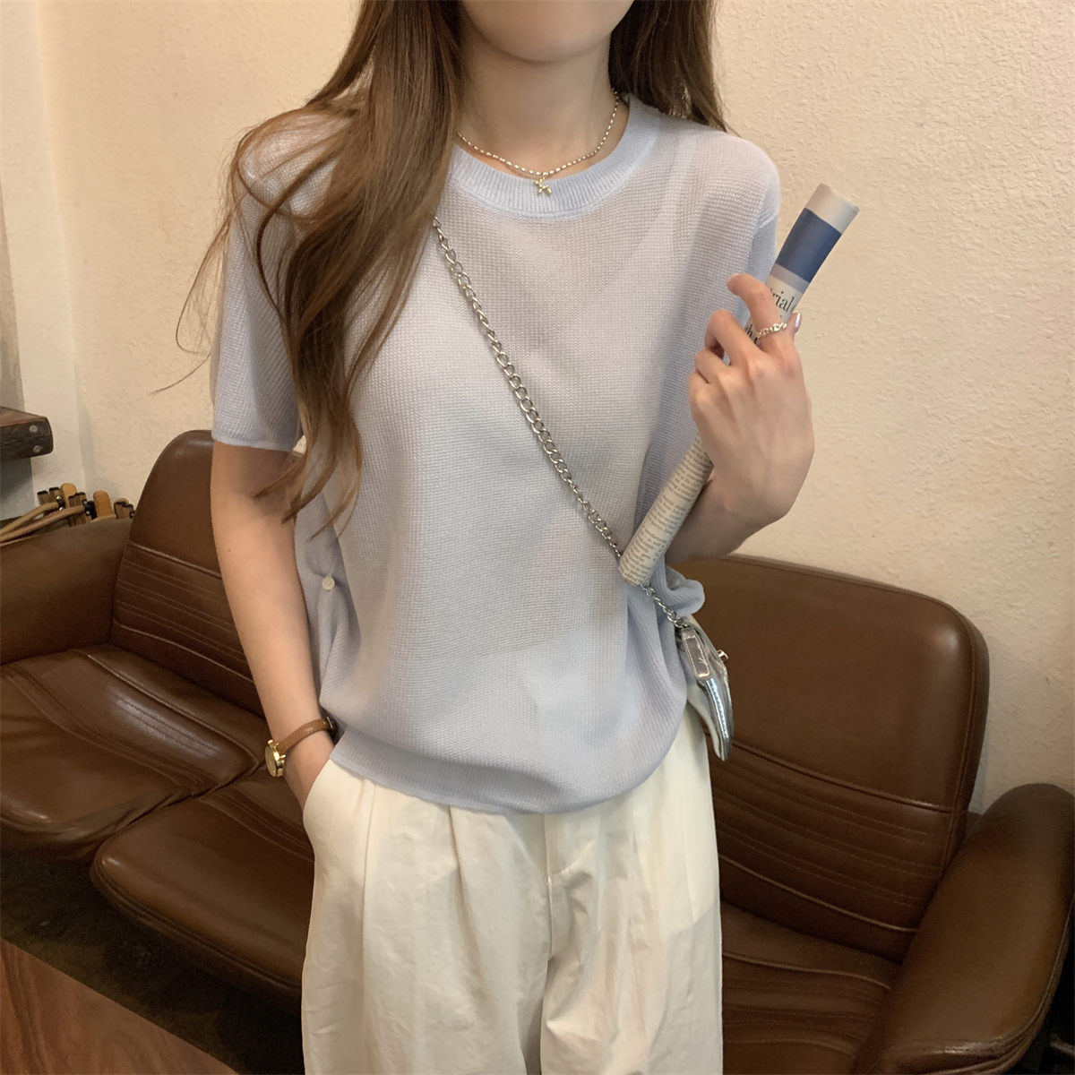 實拍 夏季韓版圓領寬鬆紐扣設計天絲亞麻冰涼針織衫短袖上衣