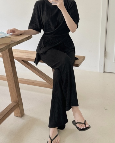 Korean summer new style side slit round neck short-sleeved T-shirt + casual trousers