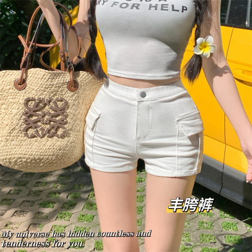 Real shot of plump crotch double pockets slim fit elastic high waist shorts milk white casual short overalls hot pants