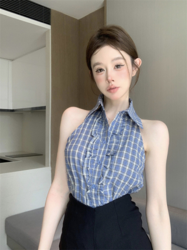 Actual shot ~ Plaid shoulder sleeveless vest for women summer outer wear 2024 new style commuting slim and versatile top