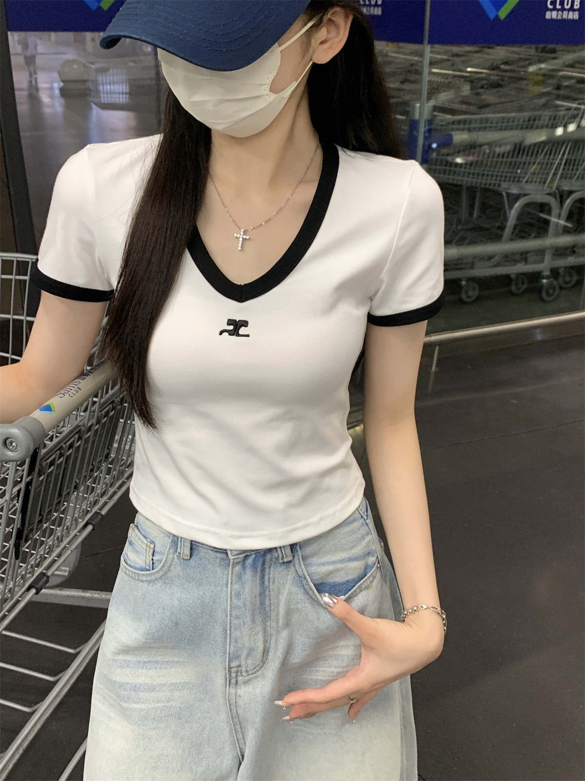 實拍 夏季韓版修身v領氣質撞色百搭正肩顯瘦純棉短袖T恤上衣