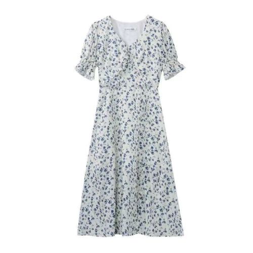 2024 new summer slit slimming and age-reducing floral puff sleeves small fresh dress