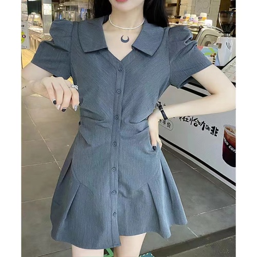 Waist slimming V-neck irregular dress 2024 summer new pleated shirt skirt