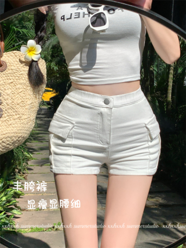 Real shot of plump crotch double pockets slim fit elastic high waist shorts milk white casual short overalls hot pants