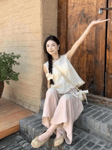 Korean-style fungus-edged sleeveless shirt for women, casual loose, slightly see-through vest, high-waisted casual wide-leg pants suit