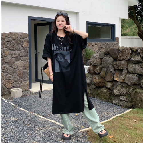 New Korean style personalized T-shirt dress loose slit mid-length skirt