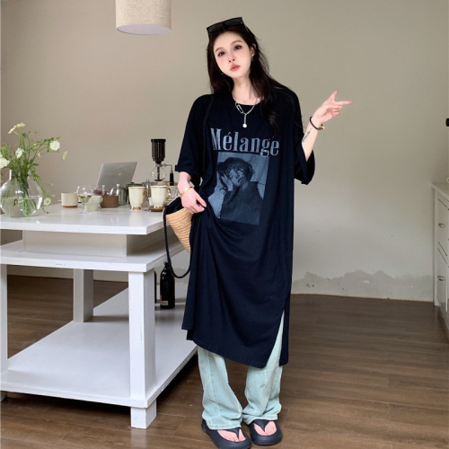 New Korean style personalized T-shirt dress loose slit mid-length skirt