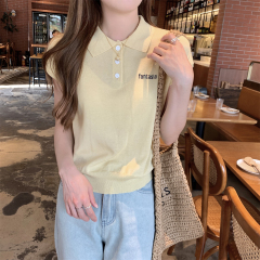 實拍 夏季韓版氣質polo領紐扣設計感天爽亞麻針織衫短袖上衣