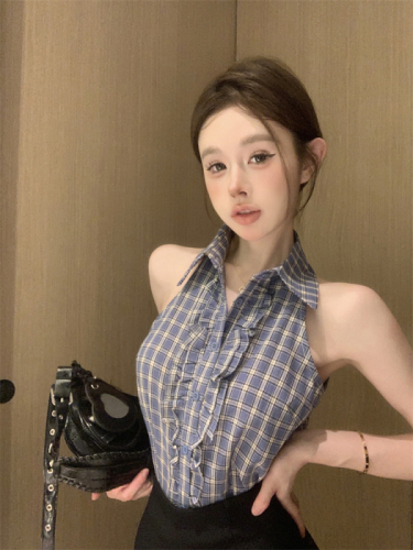 Actual shot ~ Plaid shoulder sleeveless vest for women summer outer wear 2024 new style commuting slim and versatile top