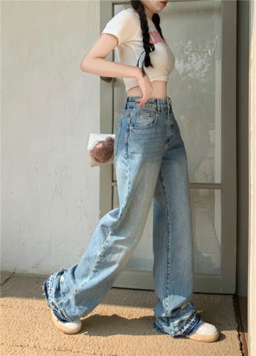 Real shot!  Retro straight-leg jeans for women, new high-waisted, loose, slimming, floor-length wide-leg pants