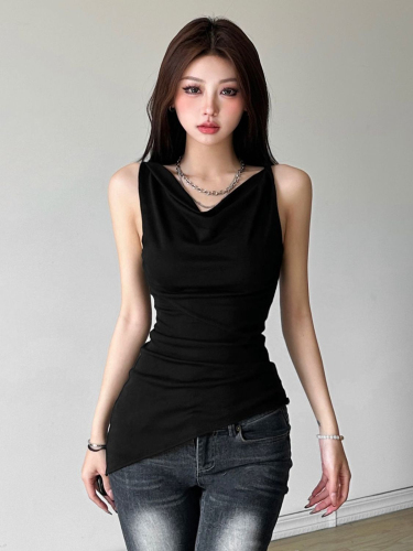 Temperament Royal Sister Style Retro Swing Collar Clavicle Vest Women's Pleated Slim Irregular Top