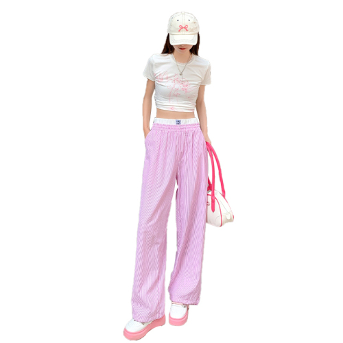 Actual shot of new summer fake two-piece pink striped pants for women, lazy style casual wide-leg trousers