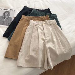 Japanese retro shorts women's summer high-waisted thin linen wide-leg casual A-line five-point pants