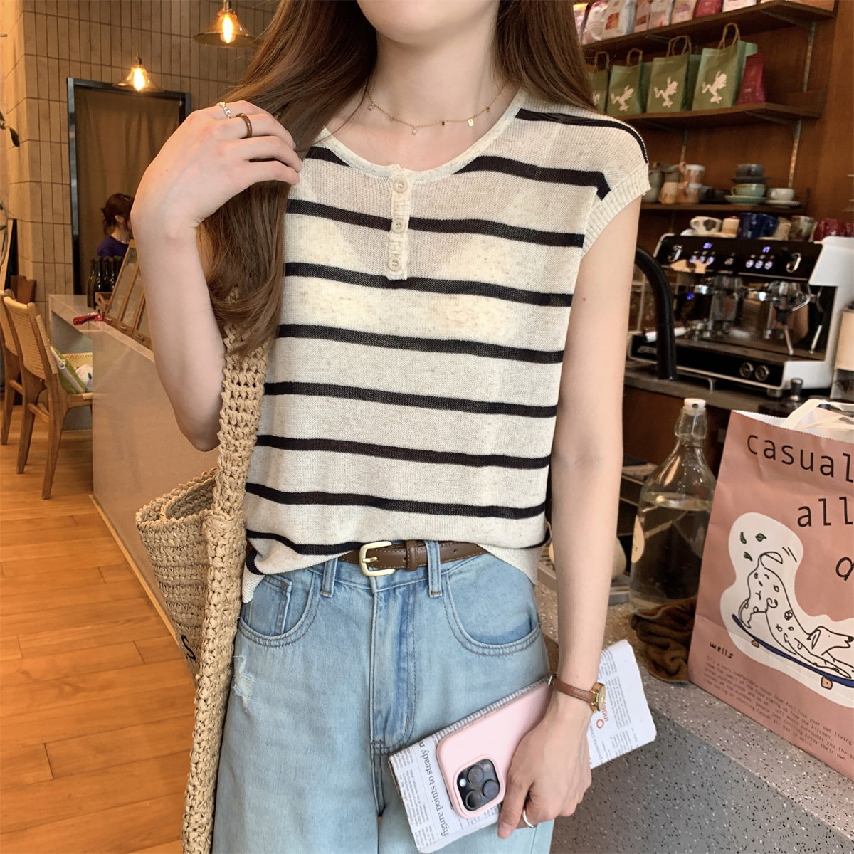 Photographed Summer Korean Style Versatile Striped Button Design Fashion Breathable Linen Knit Off-the-Shoulder Short-Sleeve Top