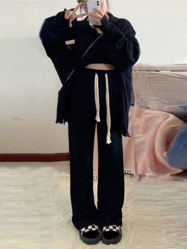 Black Pear Shaped Women's Spring High-Waisted Flowy Petite Plus Size Fat mm Loose Slim Straight Leg Pants