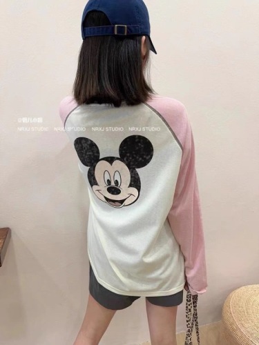 Round neck sun protection clothing for women summer thin loose cartoon Mickey print long-sleeved T-shirt raglan color block blouse top