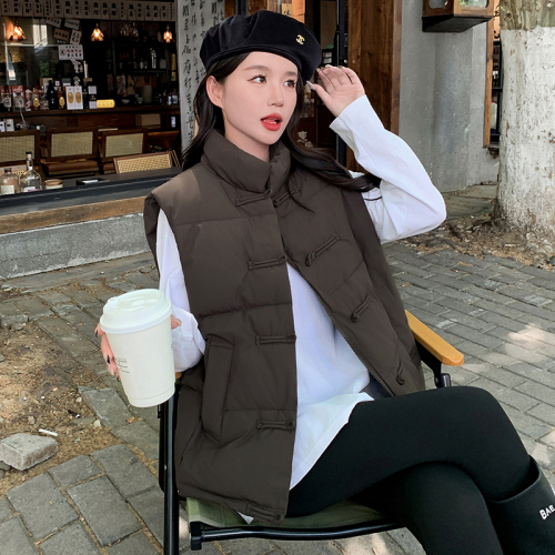 Actual shot of autumn and winter new Korean style loose and versatile down cotton stand-up collar solid color waistcoat outer short jacket