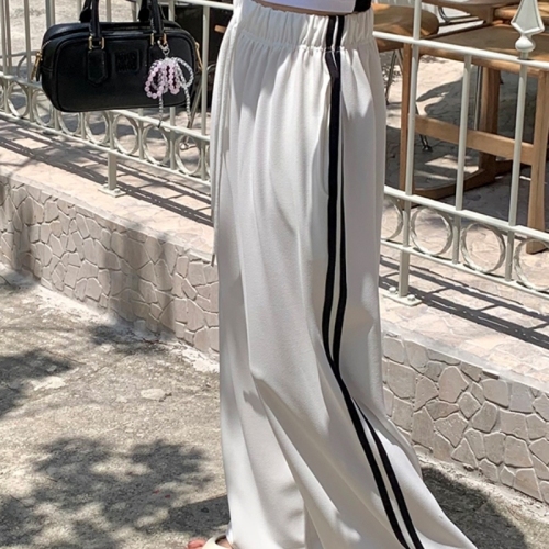 Striped casual elastic drawstring loose wide-leg pants