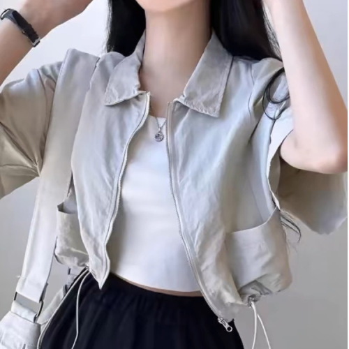 Korean chic summer age-reducing retro temperament lapel short coat high-waist drawstring short workwear short-sleeved top for women