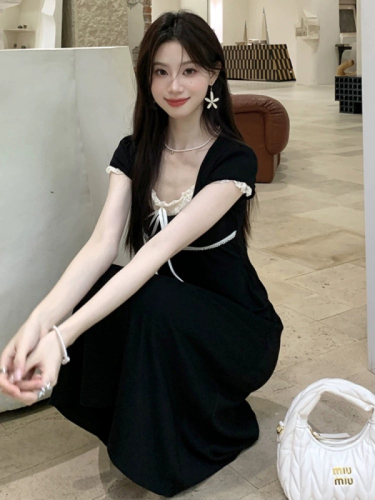 Ballet style lace splicing lace-up dress, summer sweet girl, versatile, slimming, stretchy A-line long skirt