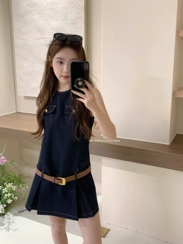 AS OFFICIAL French retro denim vest dress women's summer design temperament sleeveless a-line short skirt