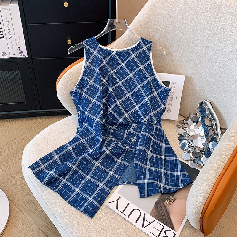 French retro blue plaid vest for women in summer, irregular slit waist design, sleeveless waistcoat top for outer wear