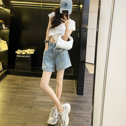 Actual shot~Moonlight Apricot High Waist Denim Shorts Women's 2024 Spring and Summer New Style Design Pants Elastic Waist A-Line Pants