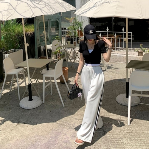 Striped casual elastic drawstring loose wide-leg pants