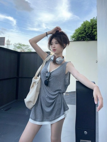 Real shot~ Fake two-piece spliced ​​design sleeveless vest for women, casual, fashionable, loose and slim top