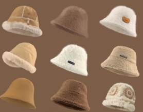 Winter style female fisherman hat, white plush hat, suitable for big and round faces, good-looking western-style hat, small bucket hat with a small face.